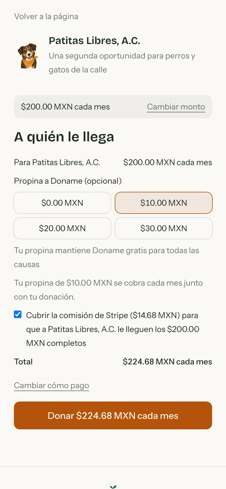 Formulario de donar con el desglose: monto a la causa, comisión de Stripe y propina opcional