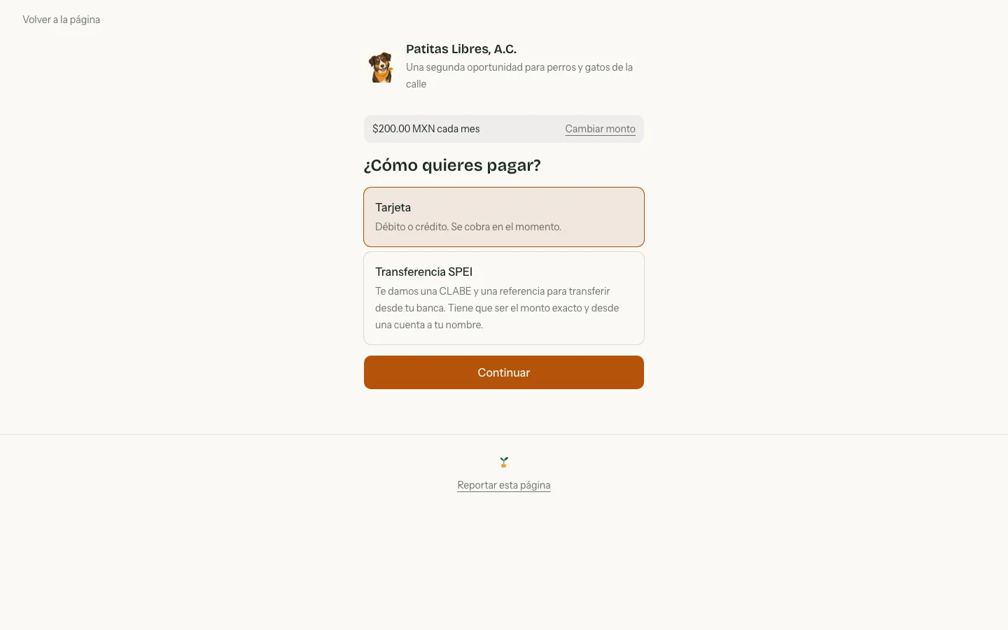 Paso "¿Cómo quieres pagar?" con las opciones Tarjeta y Transferencia SPEI