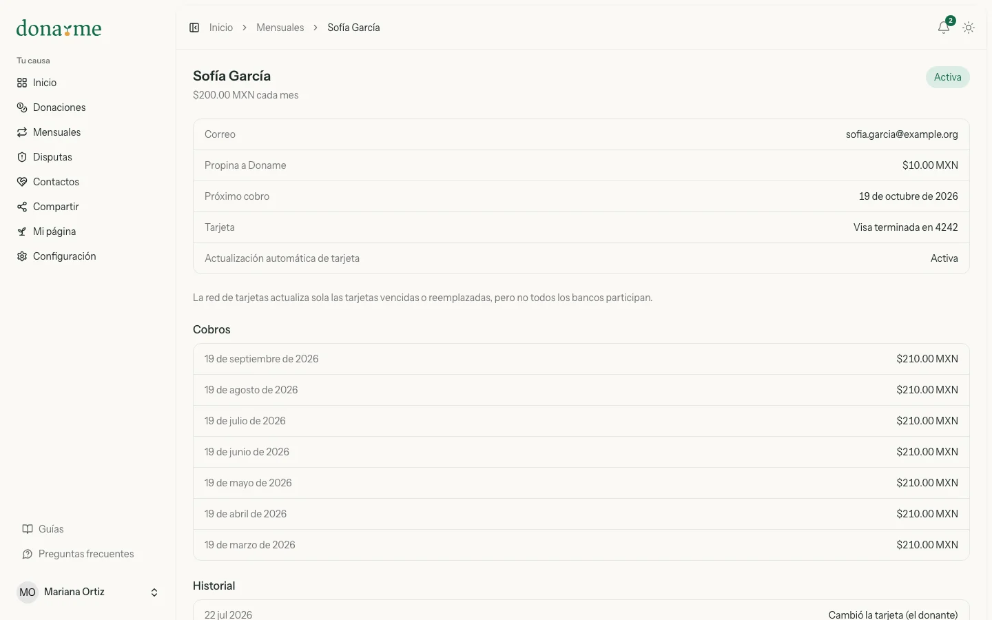 Detalle de una donación mensual activa con sus cobros y su historial