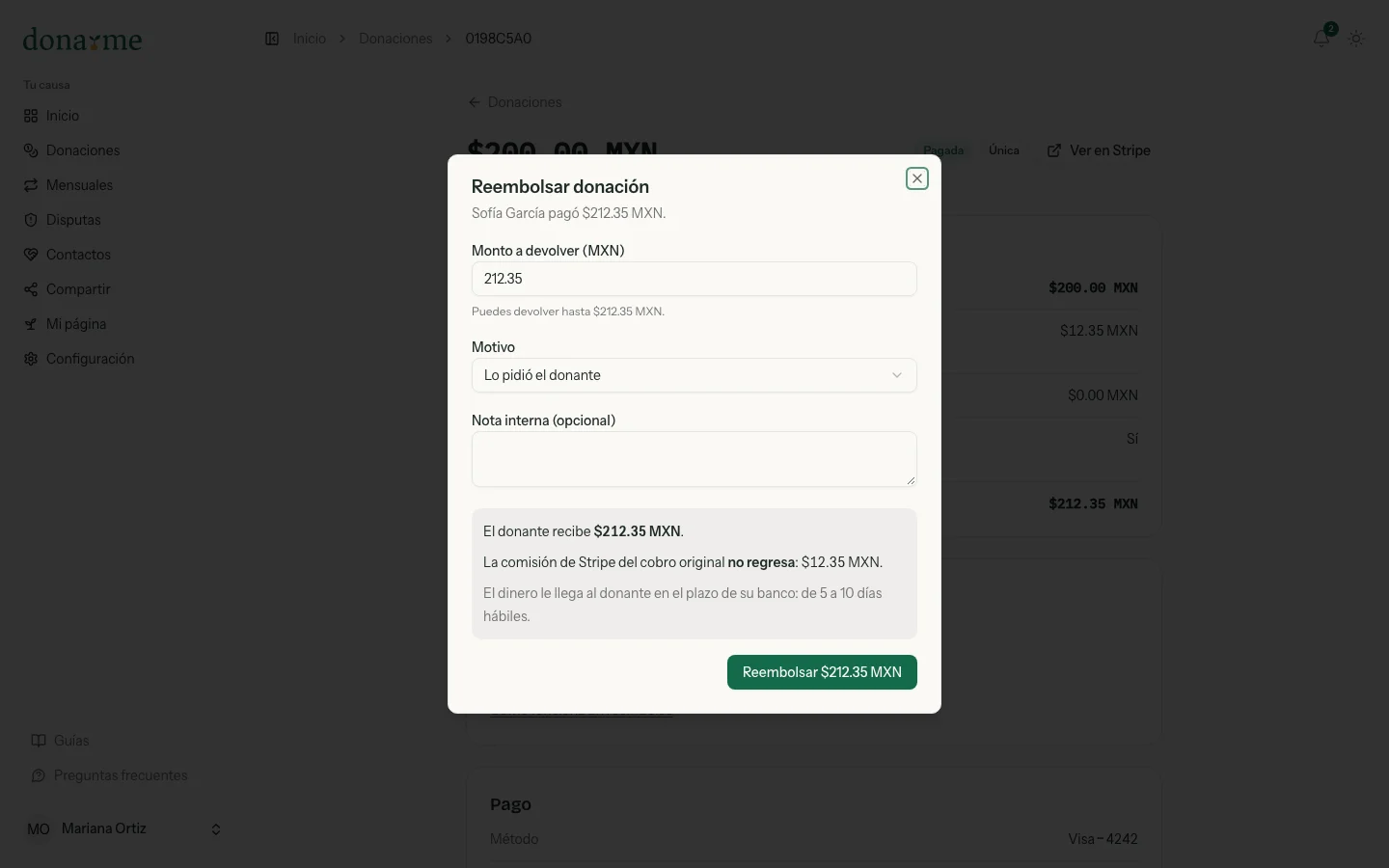 Diálogo Reembolsar donación con el monto, el motivo y lo que recibe el donante