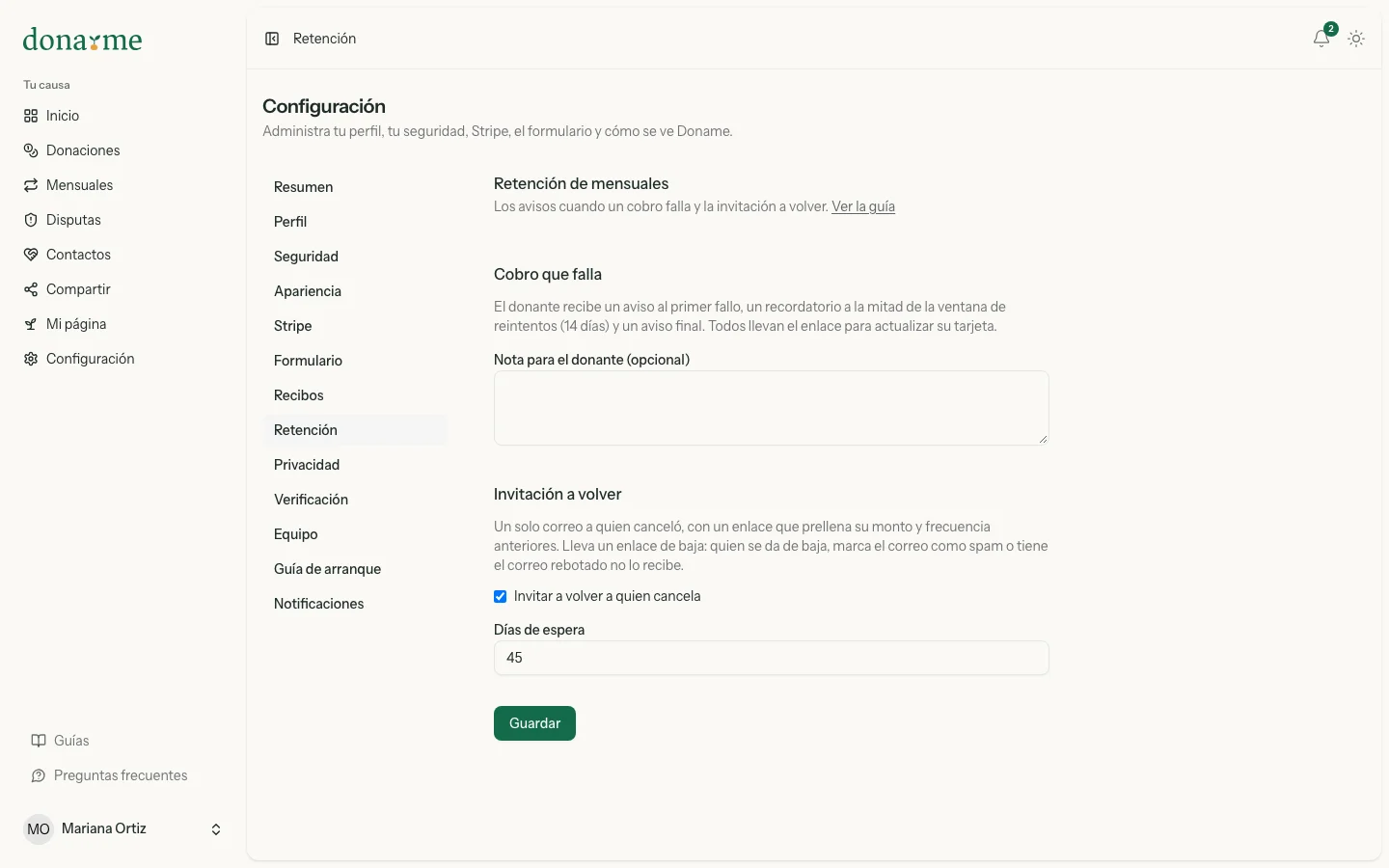 Configuración, Retención con la nota para el donante y la invitación a volver