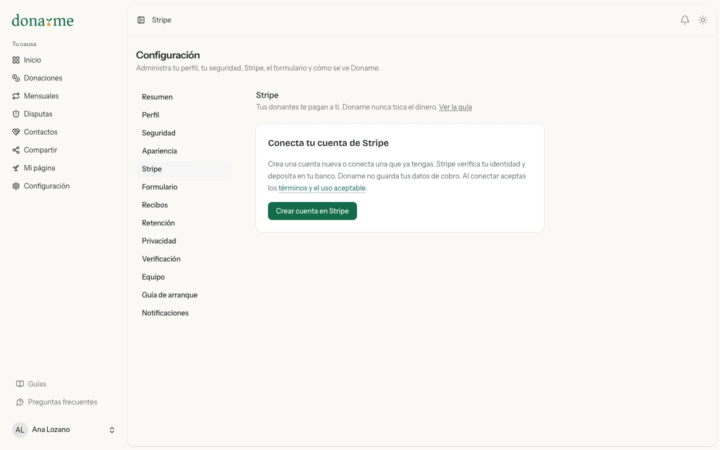 Pantalla de Stripe en Configuración antes de conectar, con el botón Crear cuenta en Stripe