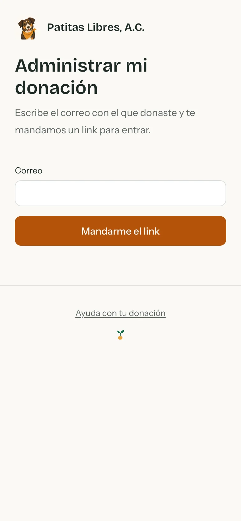 Pantalla del portal que pide el correo para mandar el link de acceso, en el celular