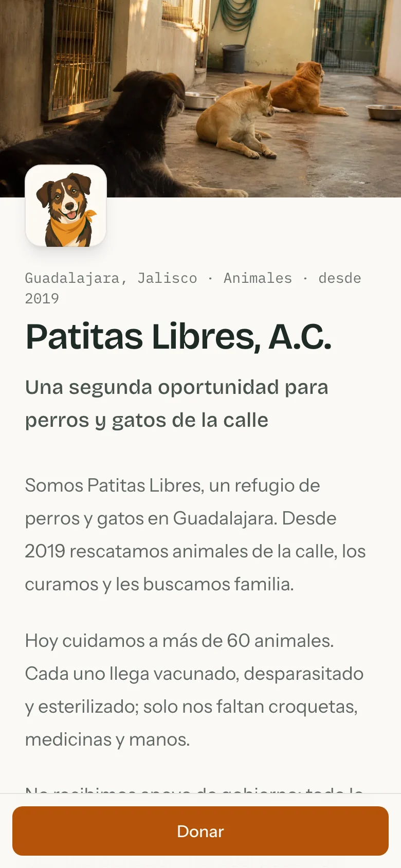 Página pública de una causa en el celular, con su portada, sus montos y el botón Donar