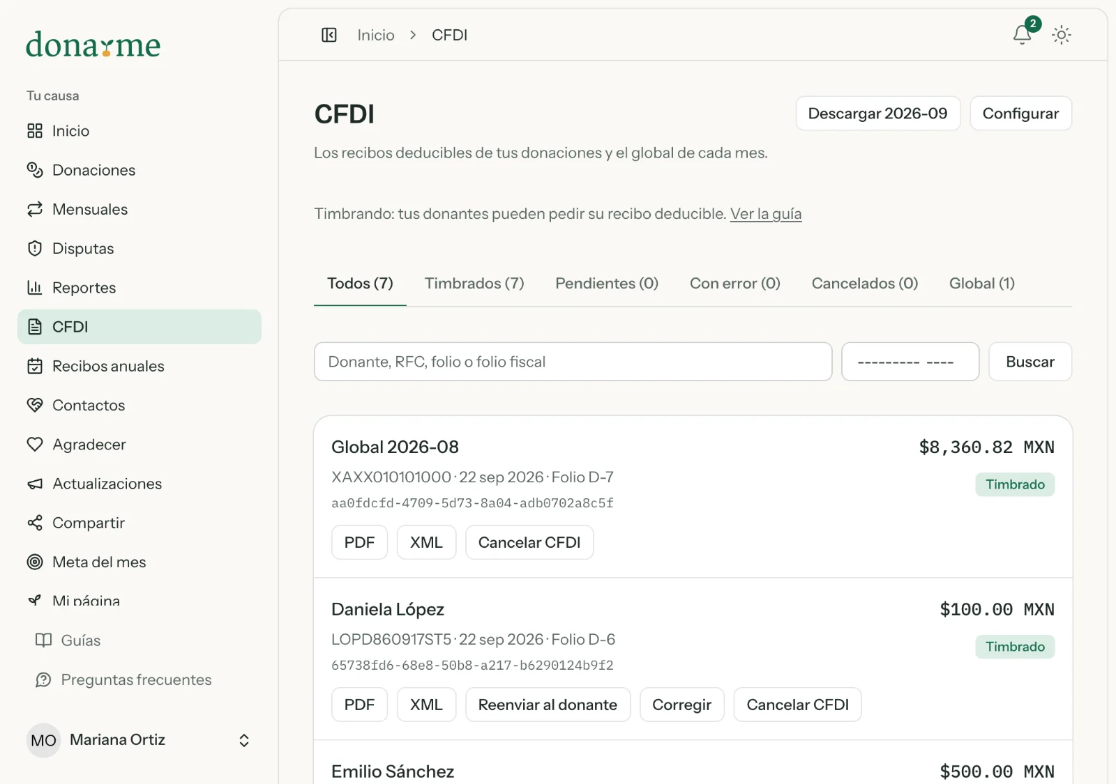 Pantalla CFDI con los comprobantes de donativo timbrados, su folio fiscal y su estado