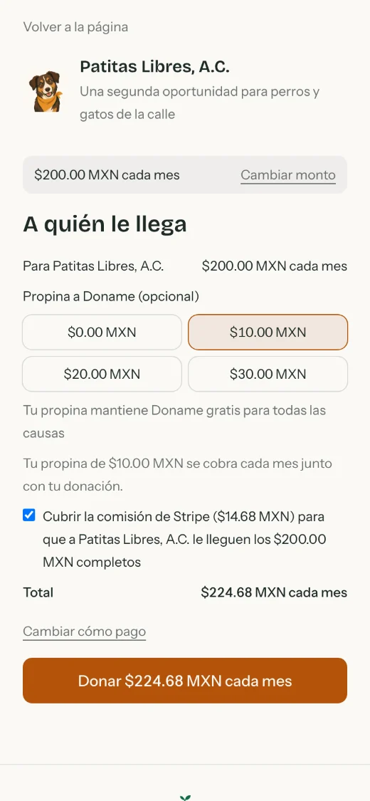 Formulario de donar con el monto para la causa, la propina opcional y la casilla para cubrir la comisión de Stripe