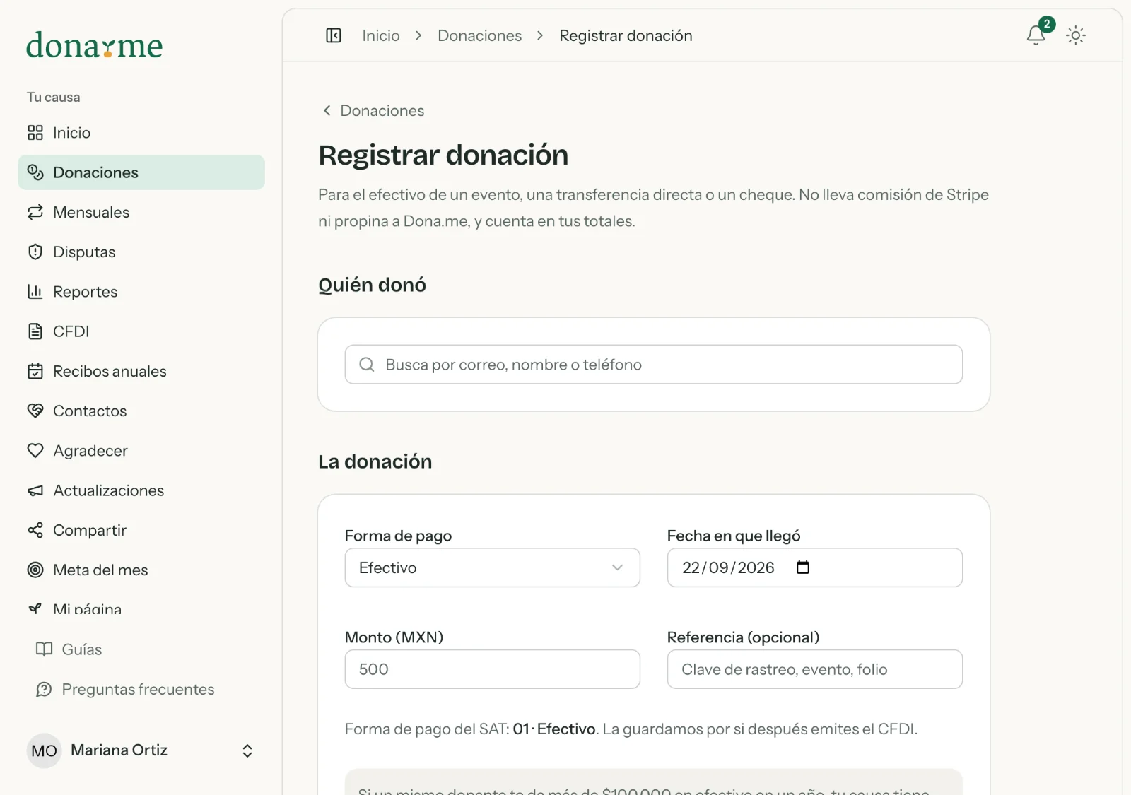Pantalla Registrar donación con quién donó, la forma de pago, la fecha, el monto y la forma de pago del SAT