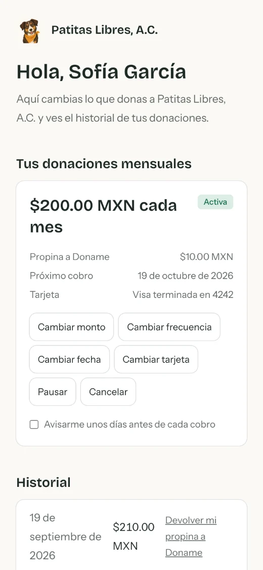 Portal del donante con su donación mensual y los botones para cambiar el monto, la fecha o la tarjeta, pausar o cancelar