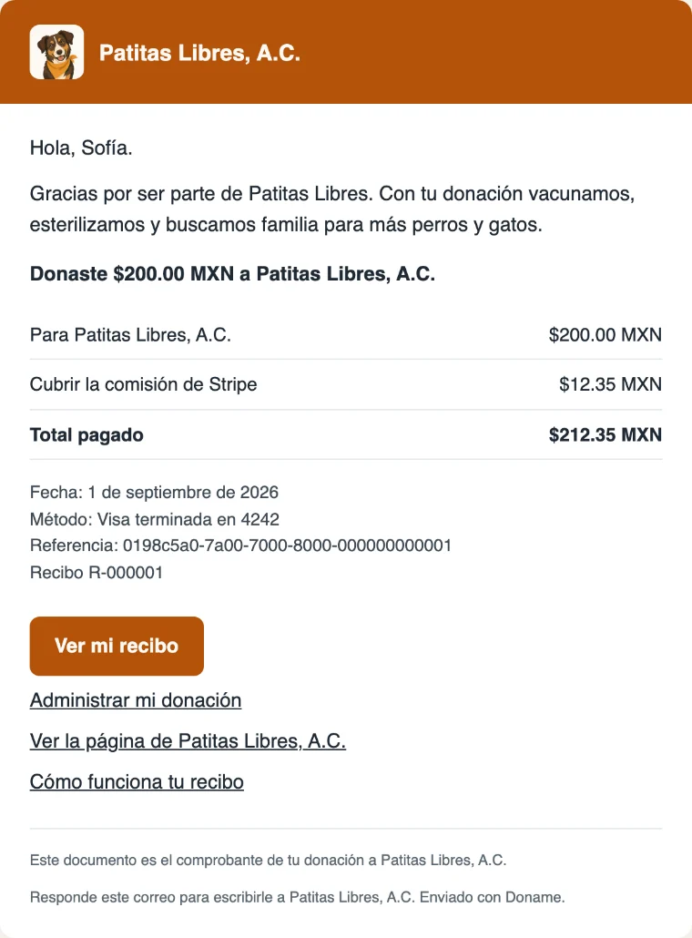Correo de recibo con el agradecimiento de la causa, el desglose de la donación y el botón Ver mi recibo